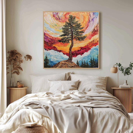 Surreal Tree and Swirling Sunset Canvas Art  Vibrant Landscape Painting, Nature-Inspired Wall Decor, Dreamy Forest Scene