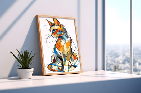 Abstract Geometric Cat Canvas Art  Modern Colorful Cat in Cubist Style, Contemporary Animal Wall Decor