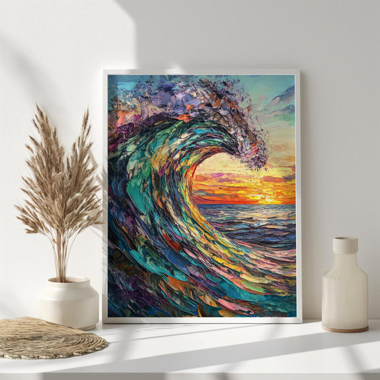 Vibrant Wave Canvas Wall Art | Bold Textured Ocean Design with Sunset | Abstract Seascape Painting | Ready to Hang | Ocean Sunset Print