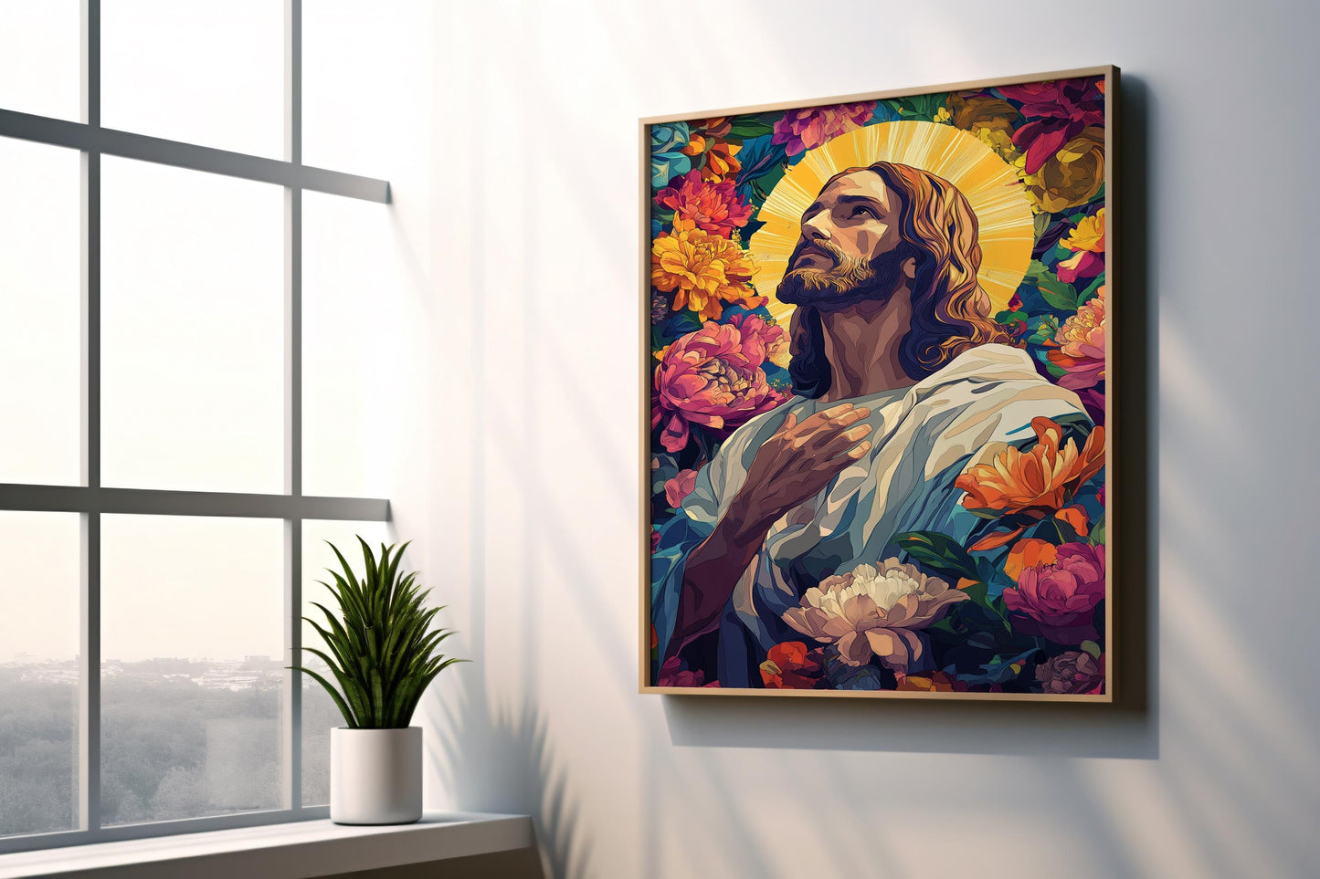 Jesus with Floral Halo Canvas Art  Spiritual Portrait Surrounded by Vibrant Flowers, Christian Wall Decor, Inspirational Artwork