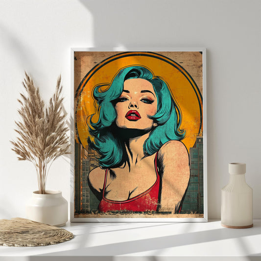 Retro Pop Art Wall Art | Vintage Pin Up Canvas Print | Turquoise Hair Beauty Wall Decor | Retro Pop Art Portrait Canvas Woman Wall Art