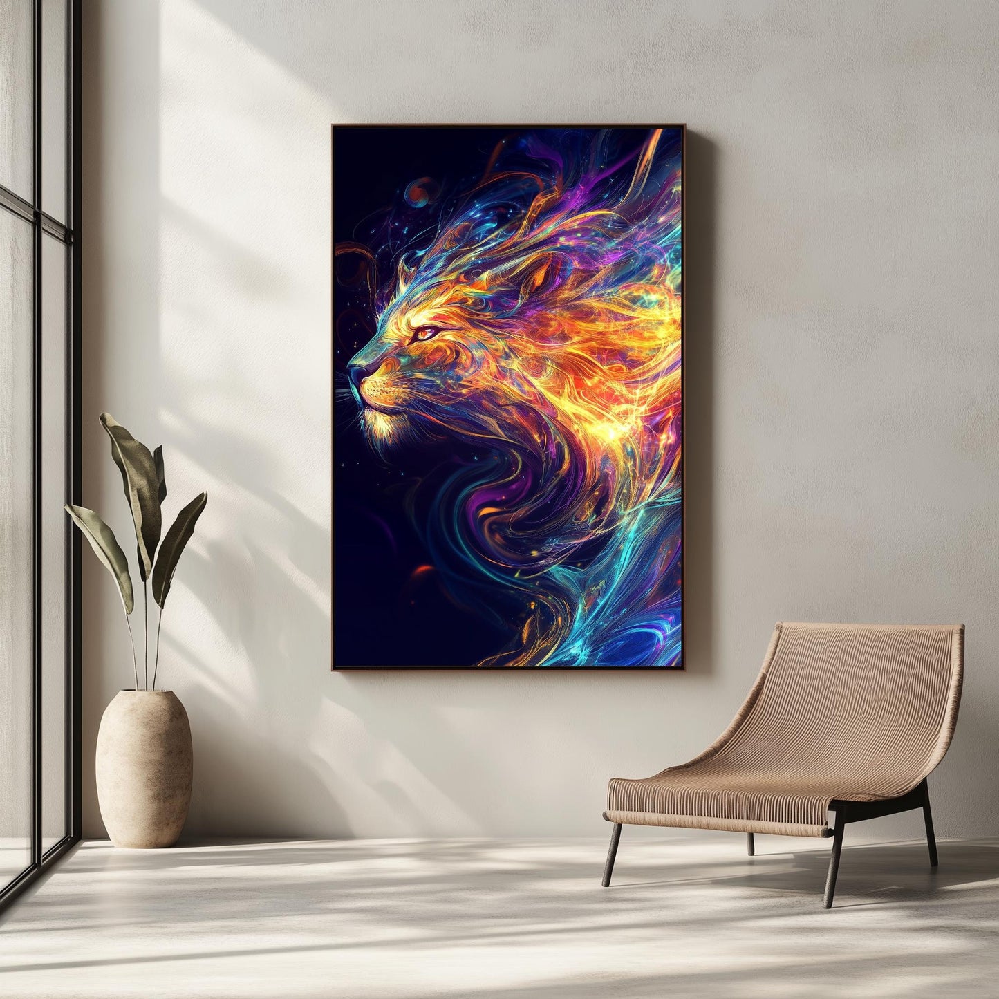 Fiery Lion Spirit Canvas Art - Vibrant Abstract Animal Portrait Wall Decor, Bold and Mystical Artwork for Living Room or Office