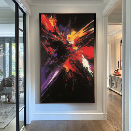 Explosive Abstract Canvas  Vibrant Red, Yellow, and Purple Strokes on Black for Bold Modern Wall Art