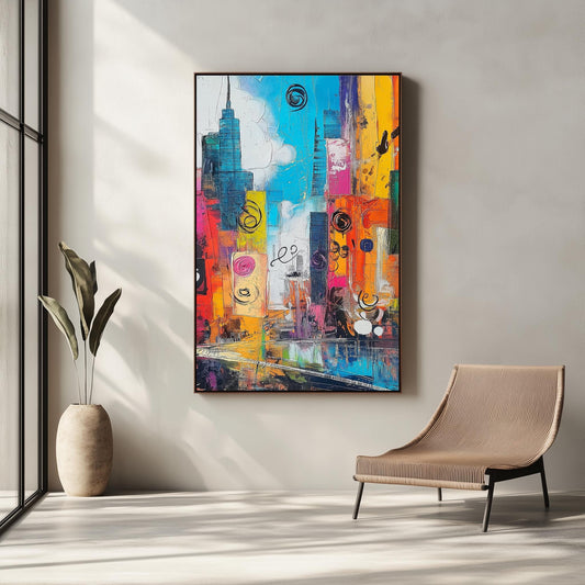 Vibrant Cityscape Abstract Canvas  Colorful Urban Skyline with Textured and Dynamic Design