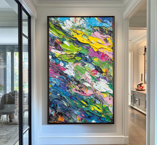 Vivid Abstract Canvas  Multi-Color Textured Brushstrokes in Yellow, Green, Blue, and Pink for Bold Wall Art