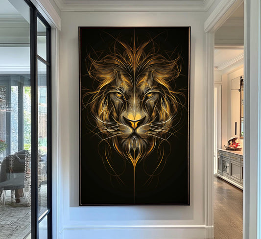 Golden Lion Abstract Wall Art, Majestic Animal Canvas, Black and Gold Modern Decor, Fierce Wildlife Poster, Luxury Home Design