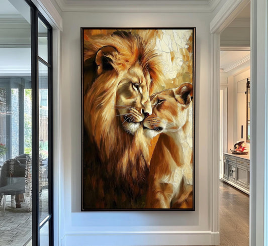 Romantic Lion and Lioness Canvas Art  Majestic Animal Wall Decor for Living Room