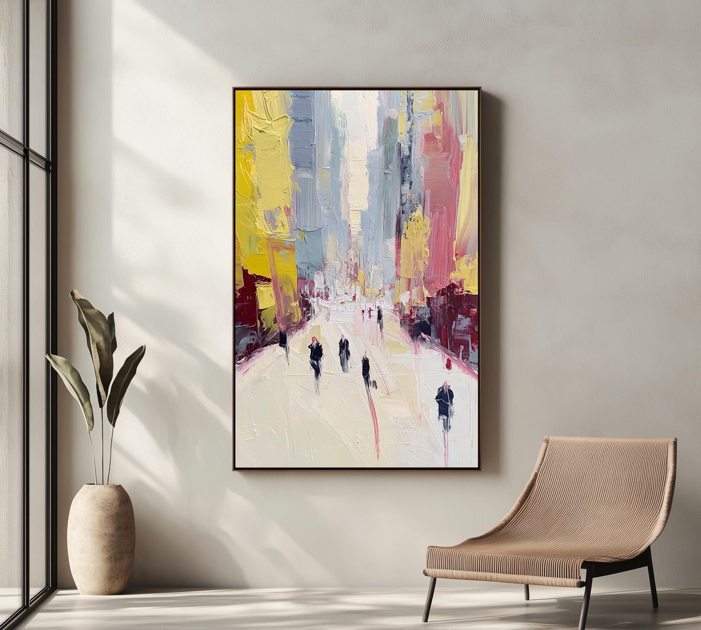 Abstract Cityscape Wall Art | Modern Urban Street Scene Canvas Print | Contemporary Impressionist Painting | Yellow Pink Decor