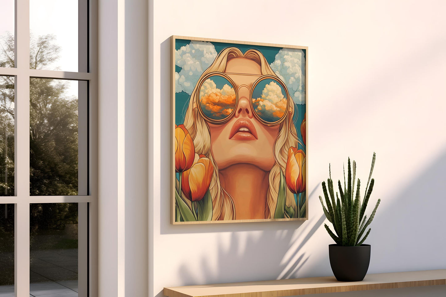 Retro Women Wall Art | Bold Pop Art Print | Abstract Portrait Canvas Print | Orange Tulip Aesthetic Wall Decor | Modern Fashion Art