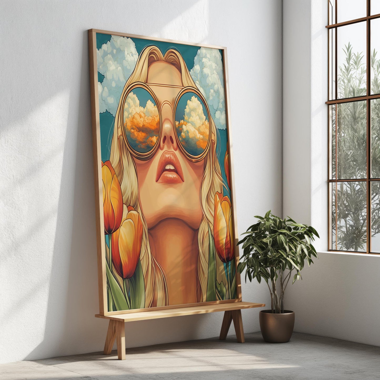 Retro Women Wall Art | Bold Pop Art Print | Abstract Portrait Canvas Print | Orange Tulip Aesthetic Wall Decor | Modern Fashion Art