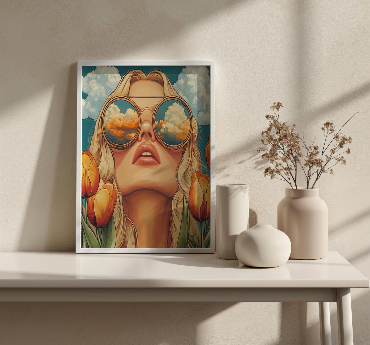 Retro Women Wall Art | Bold Pop Art Print | Abstract Portrait Canvas Print | Orange Tulip Aesthetic Wall Decor | Modern Fashion Art