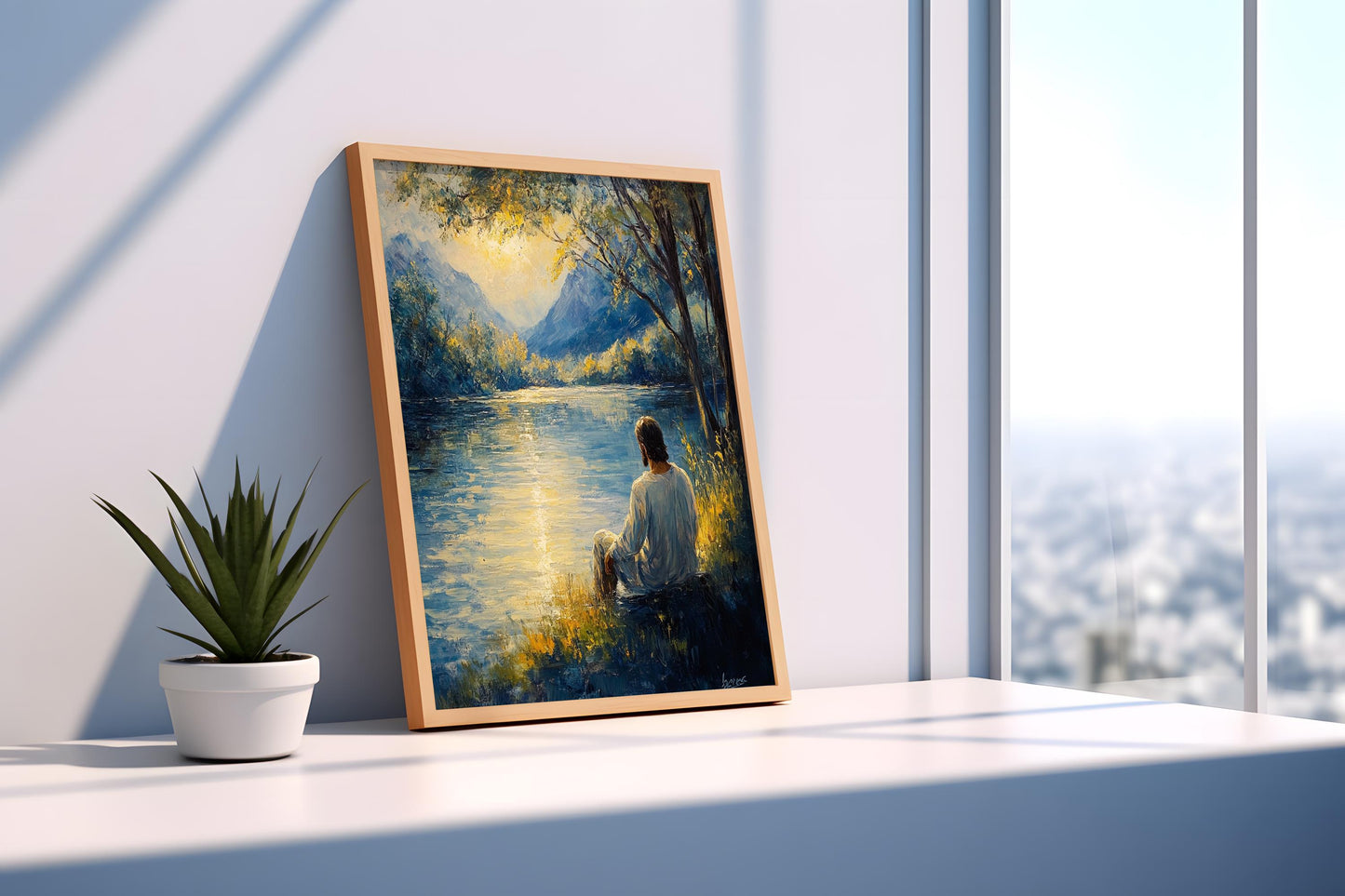 Jesus Wall Art | Religion Decor | Peaceful Lake Wall Art | Spiritual Meditation Canvas Print | Serene Nature Mountain Wall Decor | Jesus Art