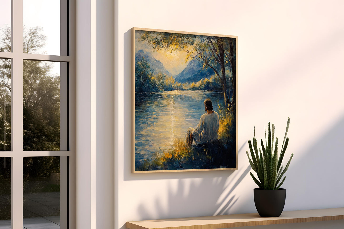 Jesus Wall Art | Religion Decor | Peaceful Lake Wall Art | Spiritual Meditation Canvas Print | Serene Nature Mountain Wall Decor | Jesus Art