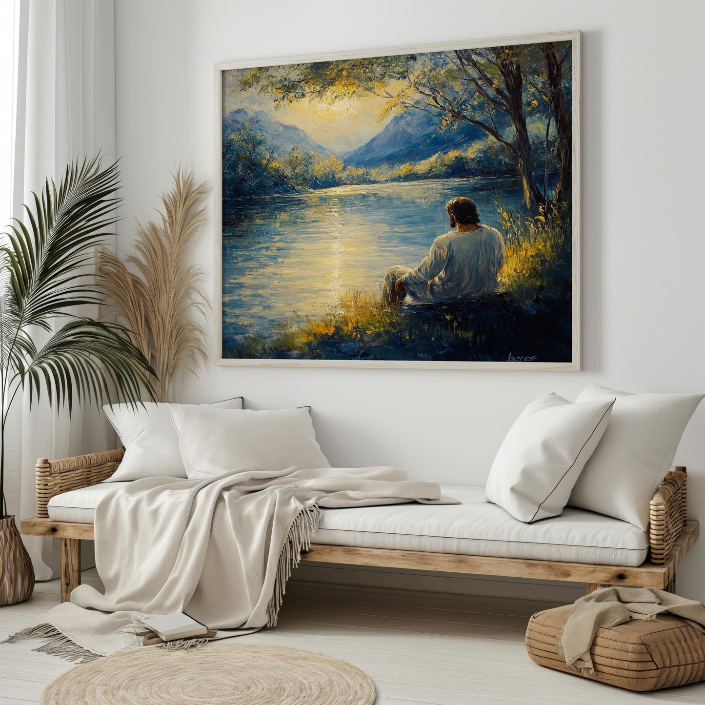 Jesus Wall Art | Religion Decor | Peaceful Lake Wall Art | Spiritual Meditation Canvas Print | Serene Nature Mountain Wall Decor | Jesus Art