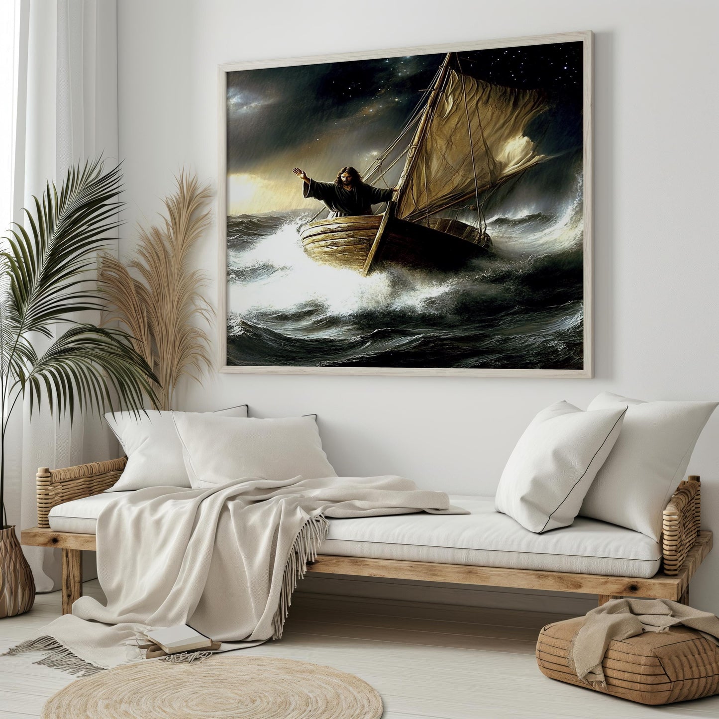 Jesus Wall Art | Jesus Canvas Painting | Jesus Print Design | Biblical Seascape Canvas Print | Dramatic Ocean Scene Wall Decor | Jesus Art