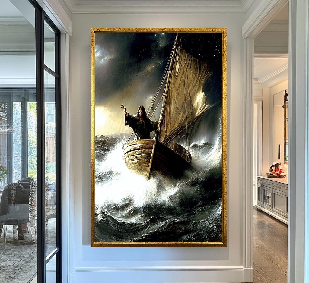 Jesus Wall Art | Jesus Canvas Painting | Jesus Print Design | Biblical Seascape Canvas Print | Dramatic Ocean Scene Wall Decor | Jesus Art