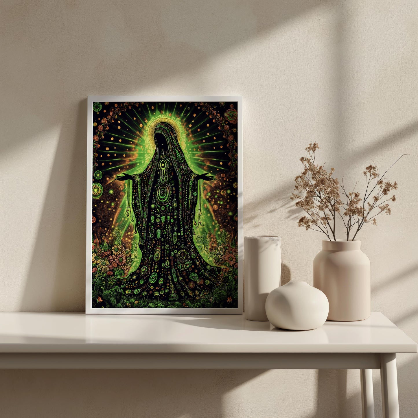 Religious Decor | Mystical Figure Wall Art | Psychedelic Green Goddess Canvas Print | Spiritual Fantasy Wall Decor | Sacred Divine Art