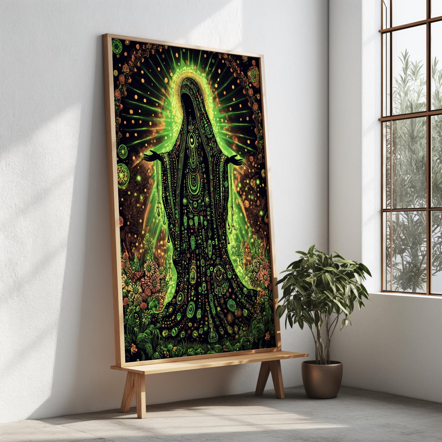 Religious Decor | Mystical Figure Wall Art | Psychedelic Green Goddess Canvas Print | Spiritual Fantasy Wall Decor | Sacred Divine Art