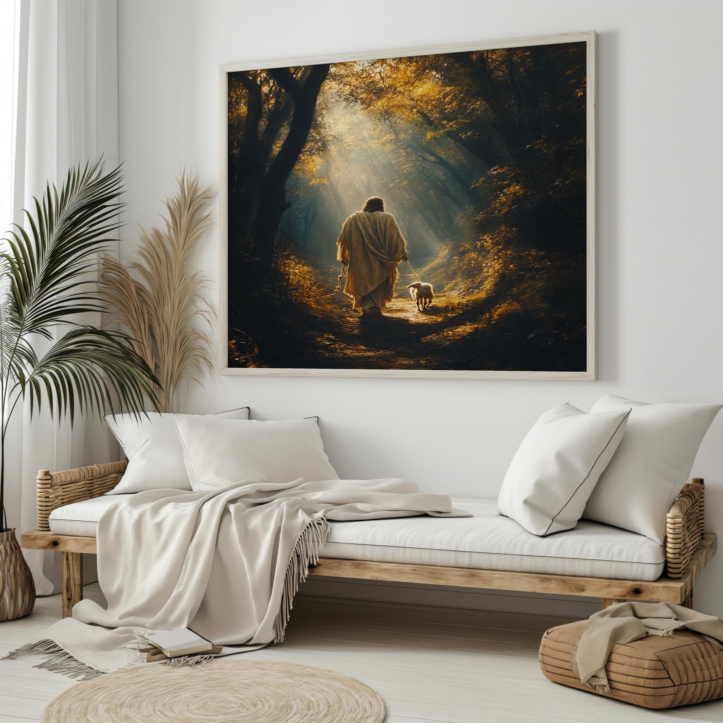 Jesus Canvas Wall Art | Jesus Canvas Painting | Jesus Wall Decor | Jesus Walking with Lamb Forest Trail Wall Decor | Christan Decor