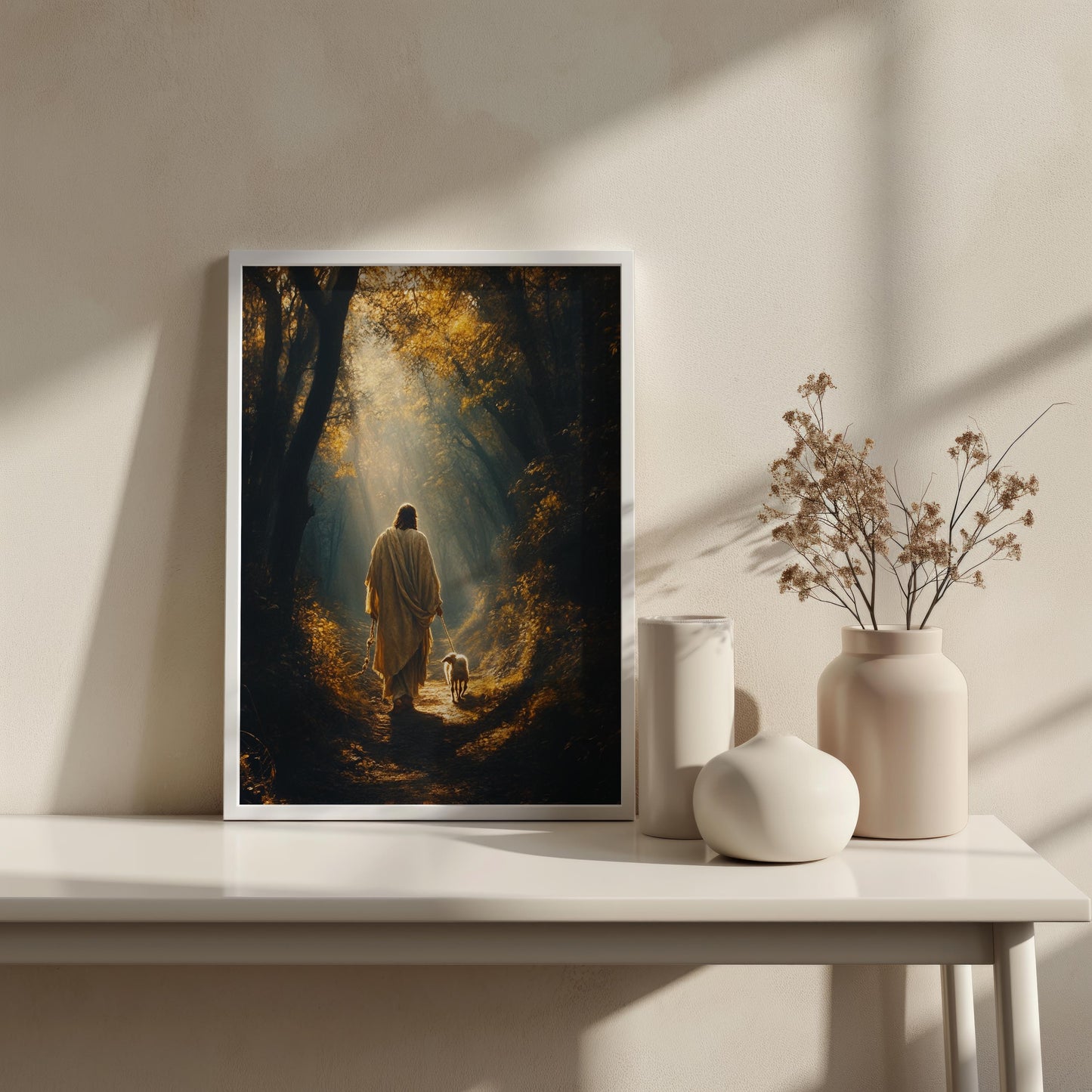 Jesus Canvas Wall Art | Jesus Canvas Painting | Jesus Wall Decor | Jesus Walking with Lamb Forest Trail Wall Decor | Christan Decor