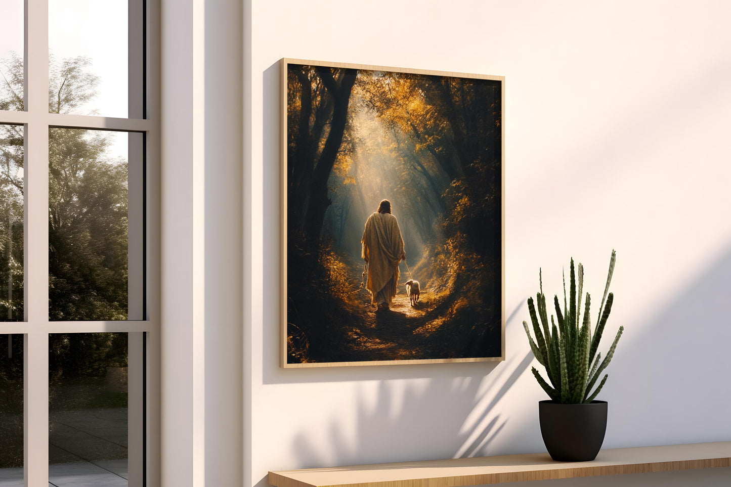 Jesus Canvas Wall Art | Jesus Canvas Painting | Jesus Wall Decor | Jesus Walking with Lamb Forest Trail Wall Decor | Christan Decor