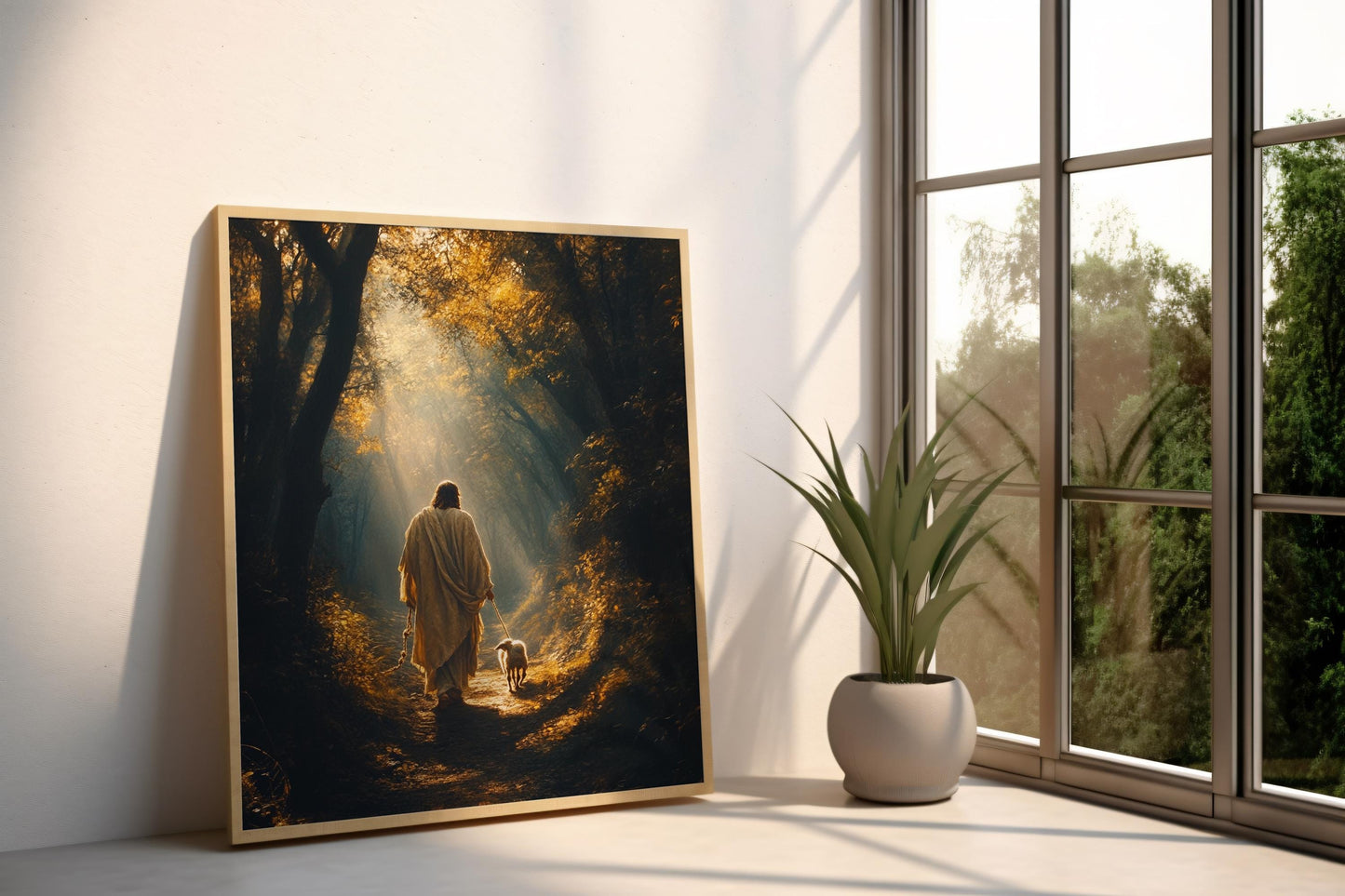 Jesus Canvas Wall Art | Jesus Canvas Painting | Jesus Wall Decor | Jesus Walking with Lamb Forest Trail Wall Decor | Christan Decor