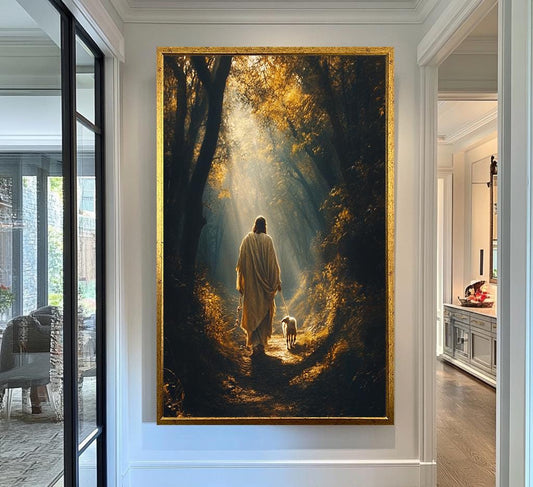 Jesus Canvas Wall Art | Jesus Canvas Painting | Jesus Wall Decor | Jesus Walking with Lamb Forest Trail Wall Decor | Christan Decor