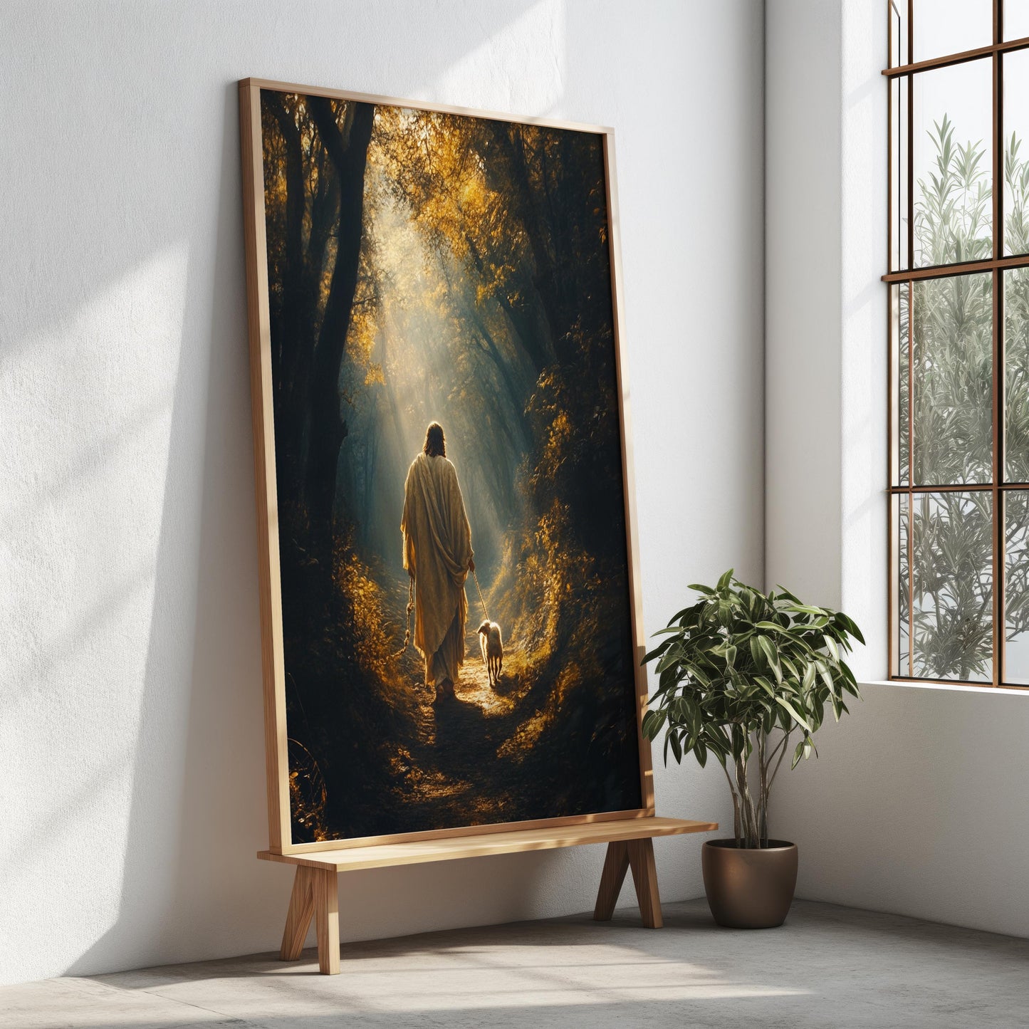 Jesus Canvas Wall Art | Jesus Canvas Painting | Jesus Wall Decor | Jesus Walking with Lamb Forest Trail Wall Decor | Christan Decor