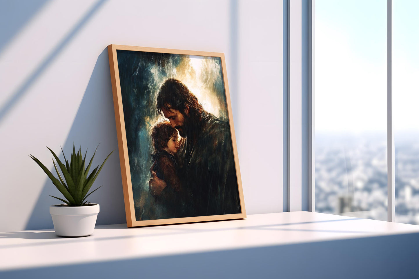 Jesus Canvas Art Print | Divine Protection Wall Art | Spiritual Father and Child Canvas Painting | Christian Faith Rain Scene Wall Decor