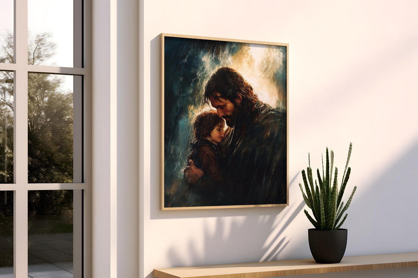 Jesus Canvas Art Print | Divine Protection Wall Art | Spiritual Father and Child Canvas Painting | Christian Faith Rain Scene Wall Decor