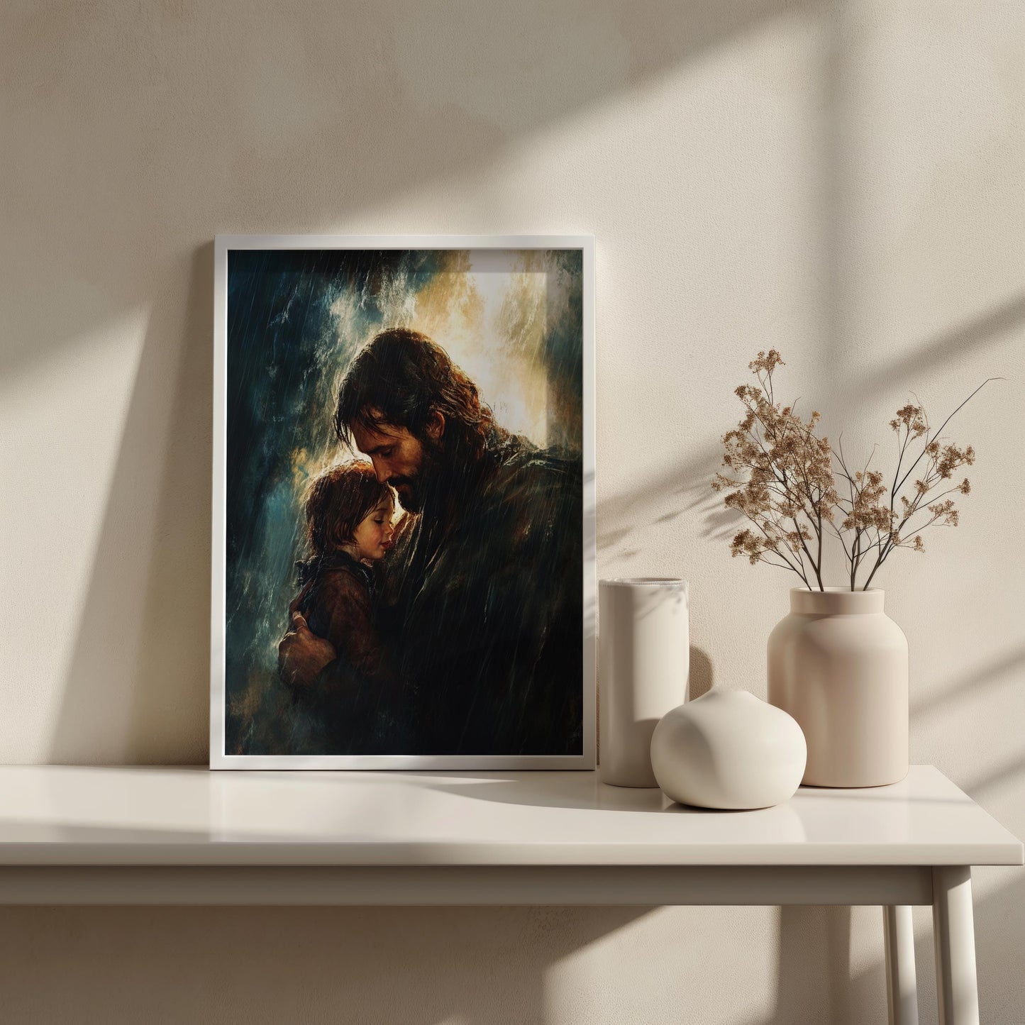 Jesus Canvas Art Print | Divine Protection Wall Art | Spiritual Father and Child Canvas Painting | Christian Faith Rain Scene Wall Decor