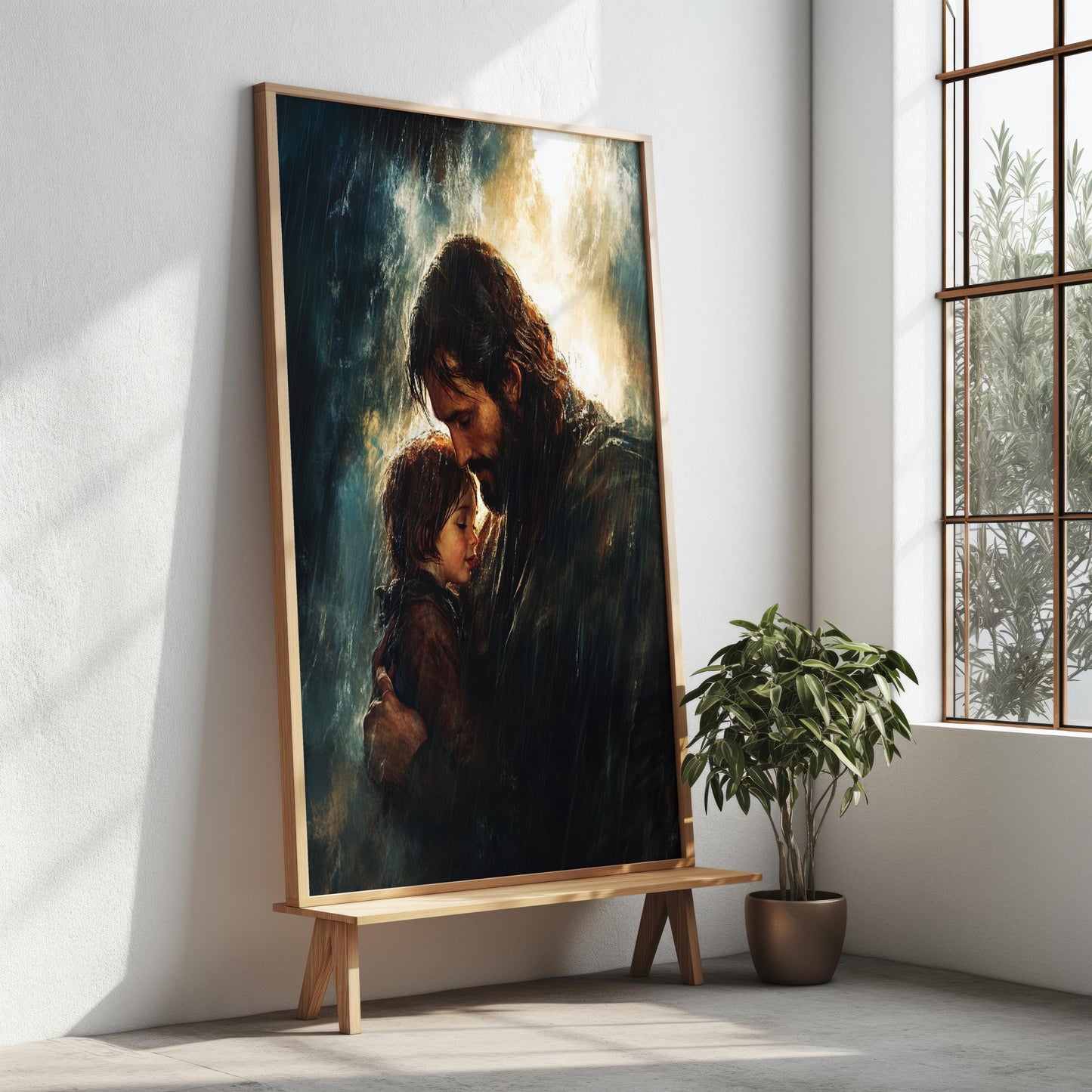 Jesus Canvas Art Print | Divine Protection Wall Art | Spiritual Father and Child Canvas Painting | Christian Faith Rain Scene Wall Decor