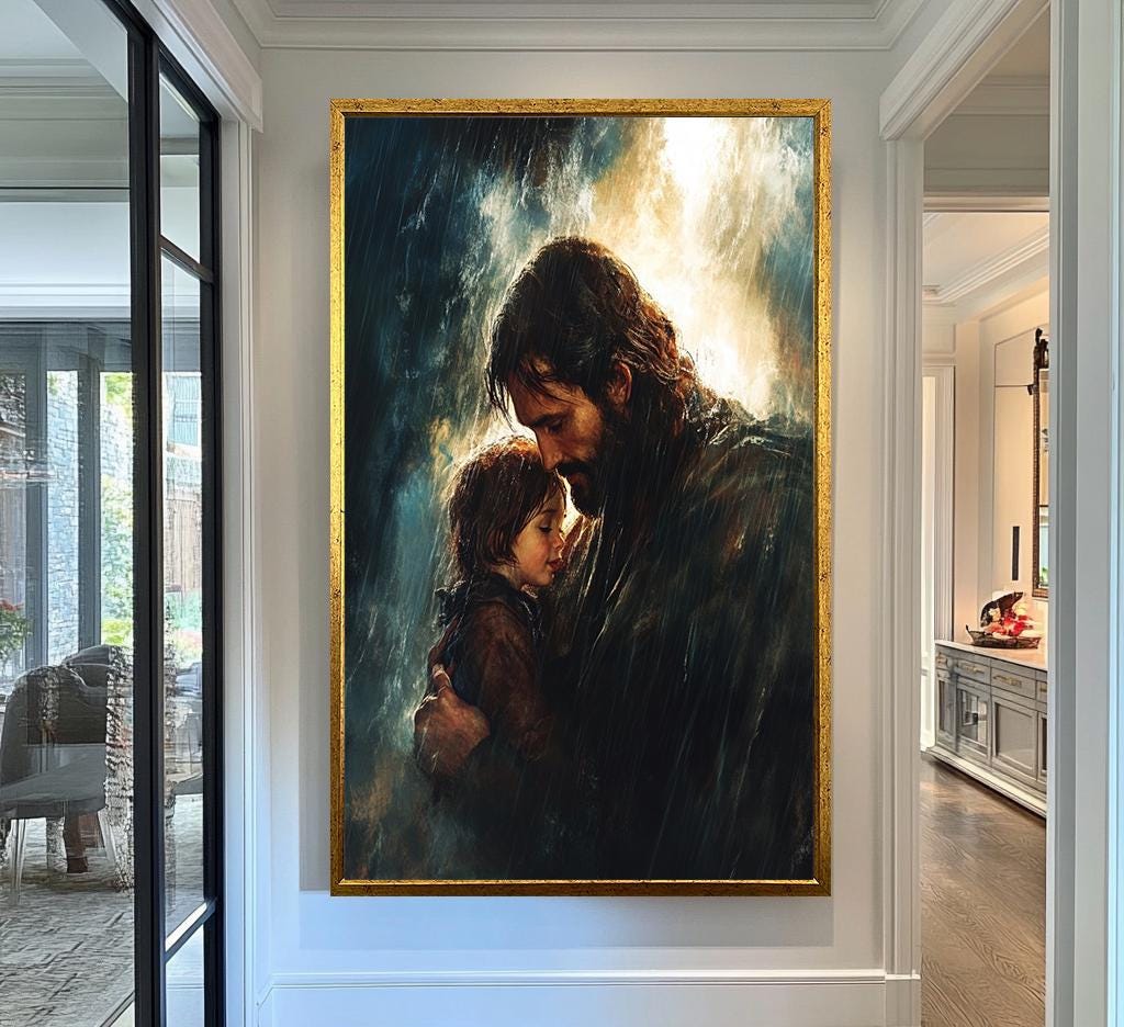 Jesus Canvas Art Print | Divine Protection Wall Art | Spiritual Father and Child Canvas Painting | Christian Faith Rain Scene Wall Decor