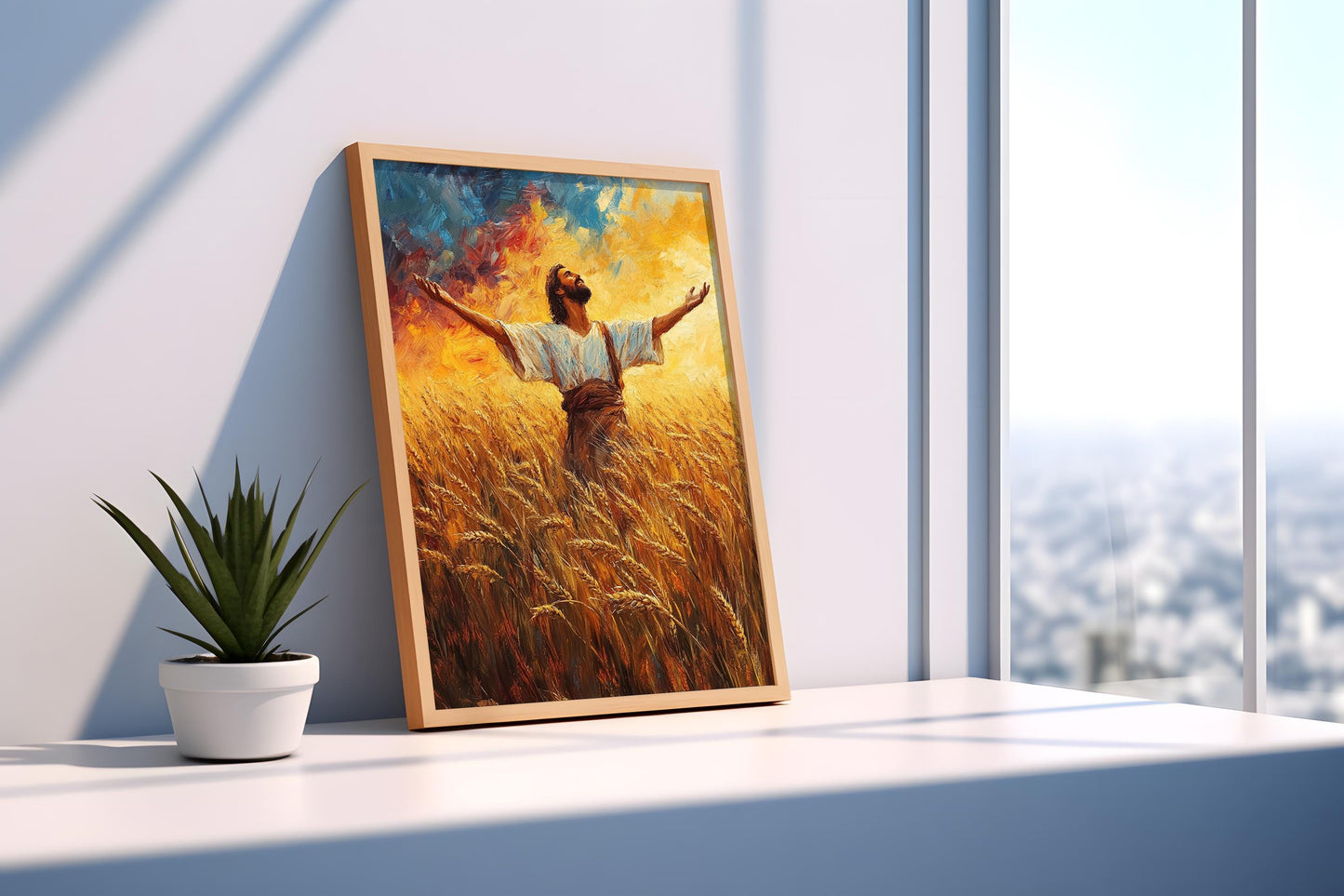 Jesus Canvas Art Print | Jesus Wall Art | Divine Praise Wall Art | Wheat Field Worship Canvas Painting | Christian Harvest Scene Wall Decor