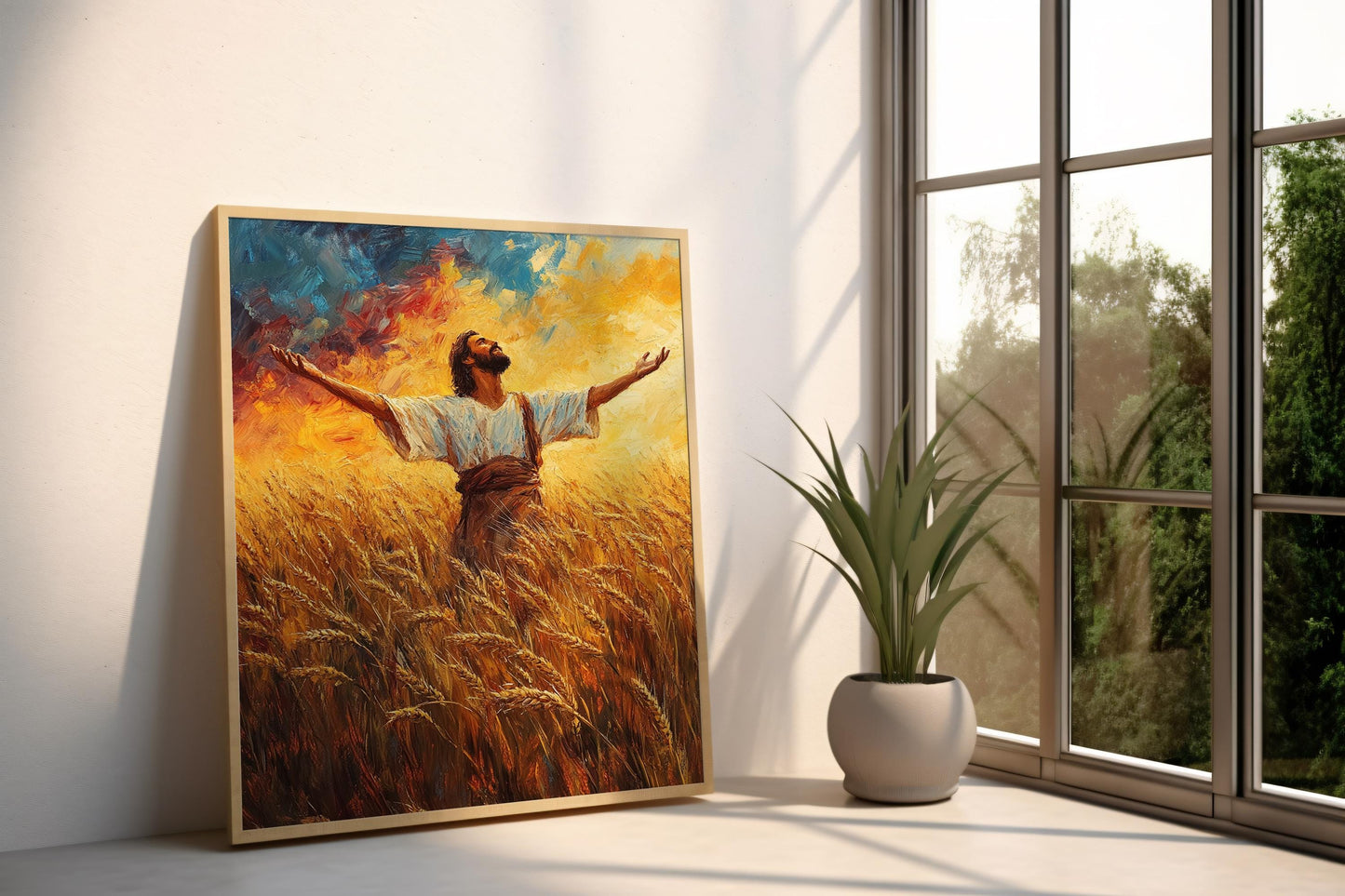 Jesus Canvas Art Print | Jesus Wall Art | Divine Praise Wall Art | Wheat Field Worship Canvas Painting | Christian Harvest Scene Wall Decor