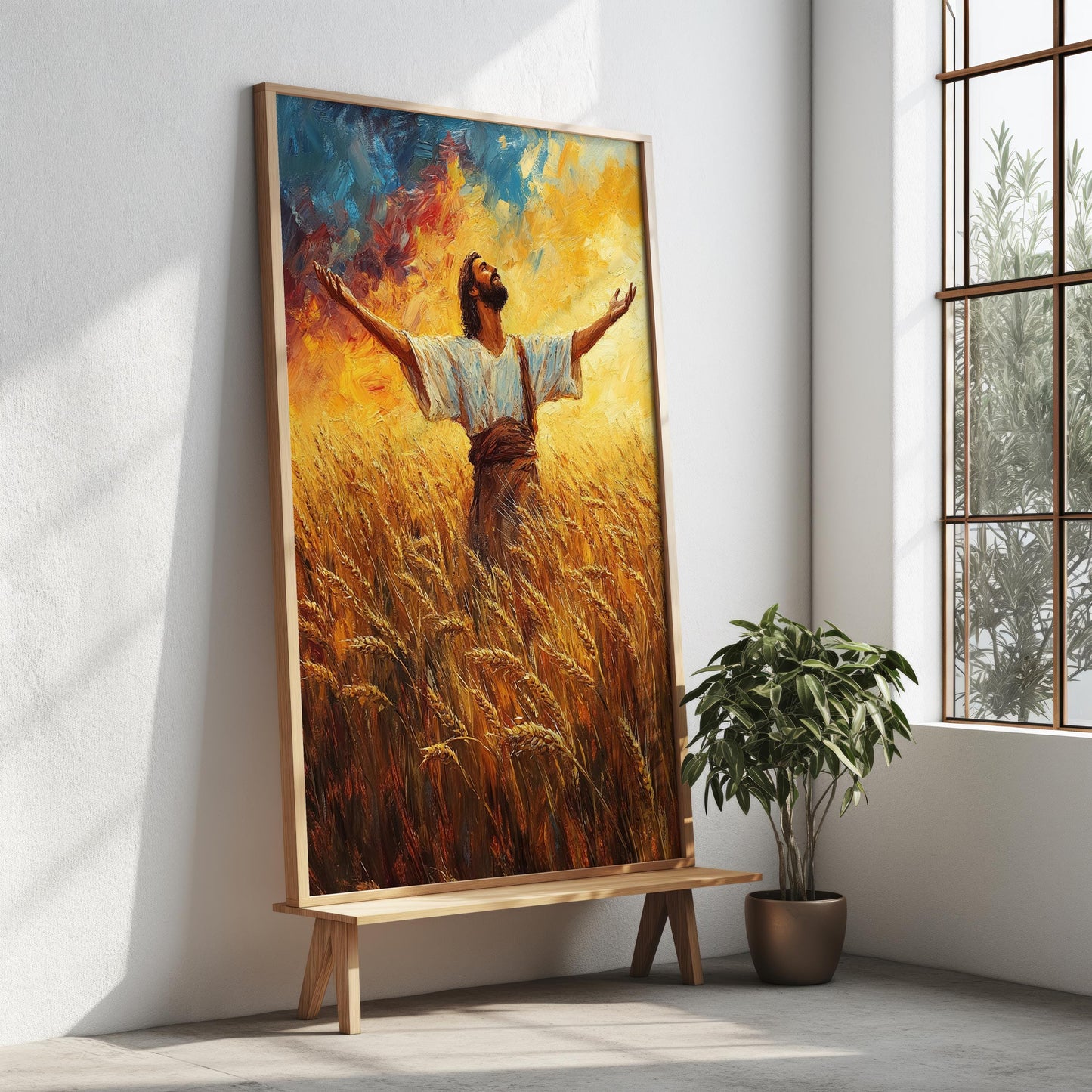 Jesus Canvas Art Print | Jesus Wall Art | Divine Praise Wall Art | Wheat Field Worship Canvas Painting | Christian Harvest Scene Wall Decor