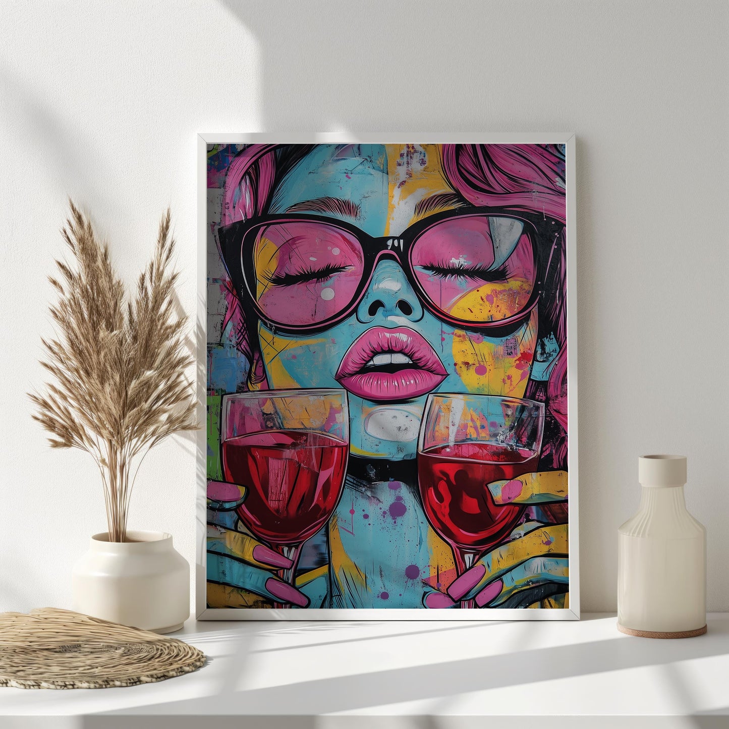 Pop Art Woman with Wine Glasses Canvas Print - Bold and Colorful Wall Art, Modern Whimsical Decor