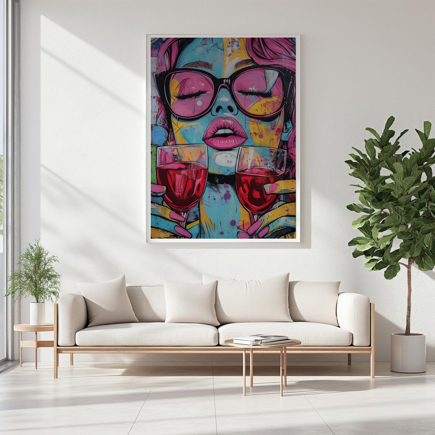 Pop Art Woman with Wine Glasses Canvas Print - Bold and Colorful Wall Art, Modern Whimsical Decor