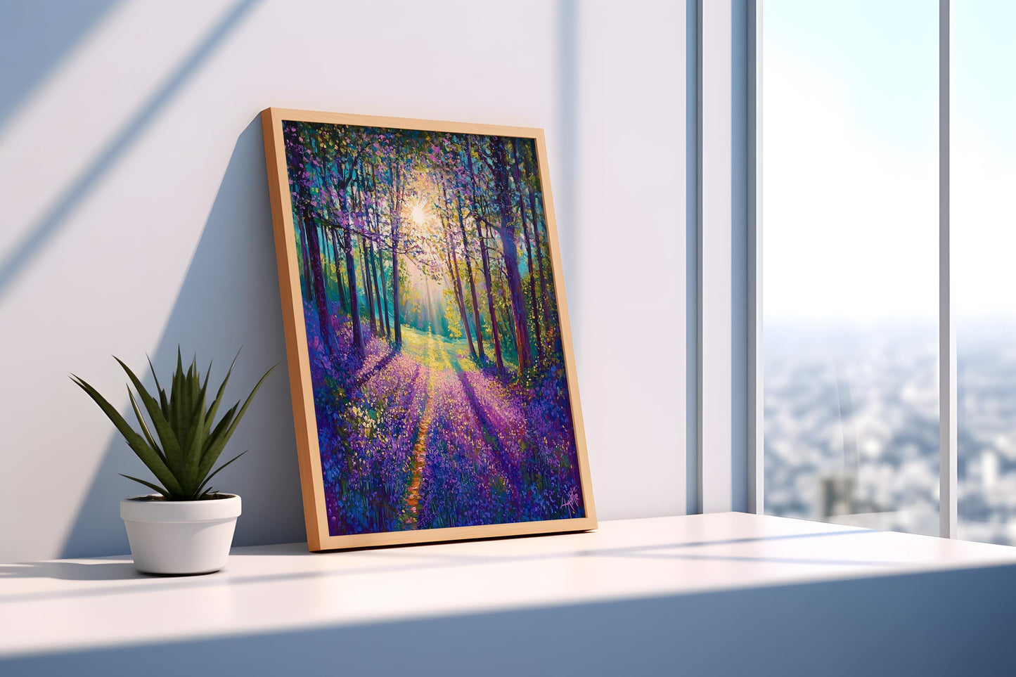 Purple Flower Forest Path Canvas Print - Sunlit Pathway Wall Art, Tranquil Woodland Scene, Nature Lovers Decor