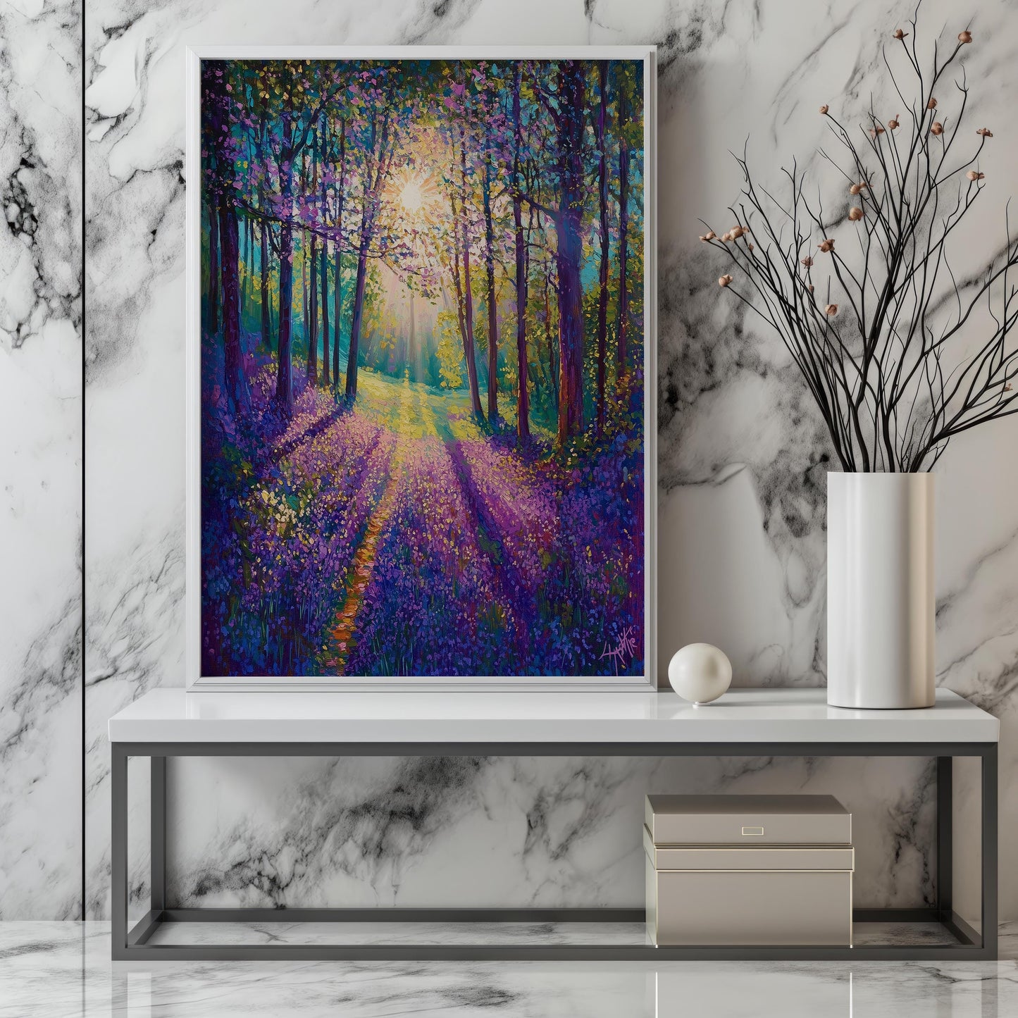 Purple Flower Forest Path Canvas Print - Sunlit Pathway Wall Art, Tranquil Woodland Scene, Nature Lovers Decor