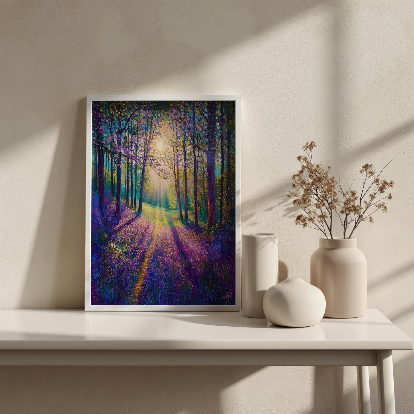 Purple Flower Forest Path Canvas Print - Sunlit Pathway Wall Art, Tranquil Woodland Scene, Nature Lovers Decor