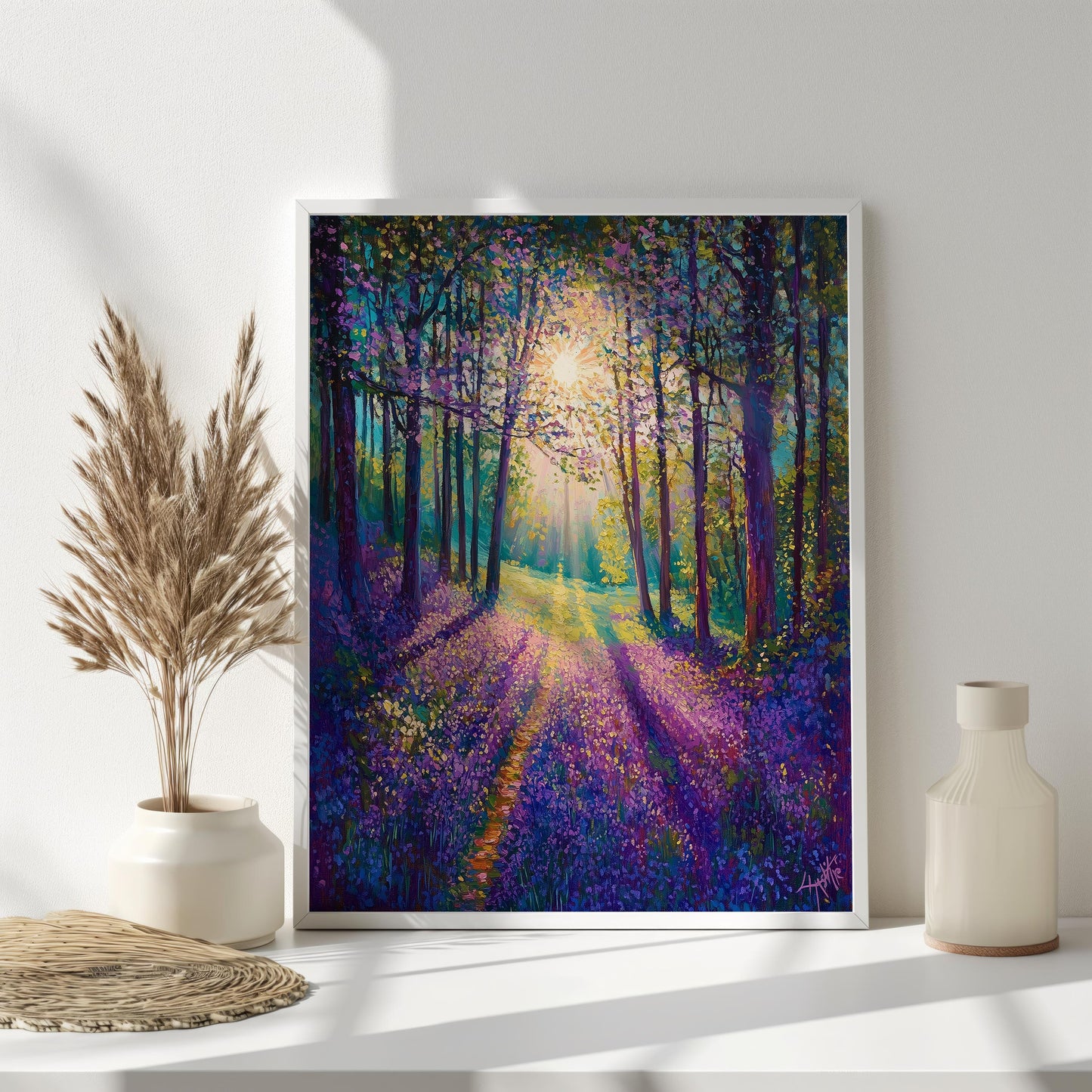 Purple Flower Forest Path Canvas Print - Sunlit Pathway Wall Art, Tranquil Woodland Scene, Nature Lovers Decor