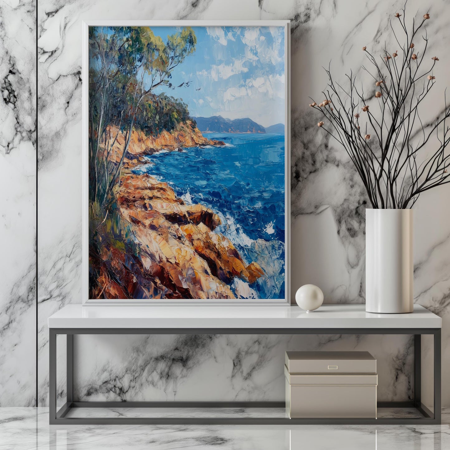 Rocky Seaside Canvas Print - Vibrant Ocean and Cliffs Landscape Art, Coastal Home Decor, Blue Sea Wall Art