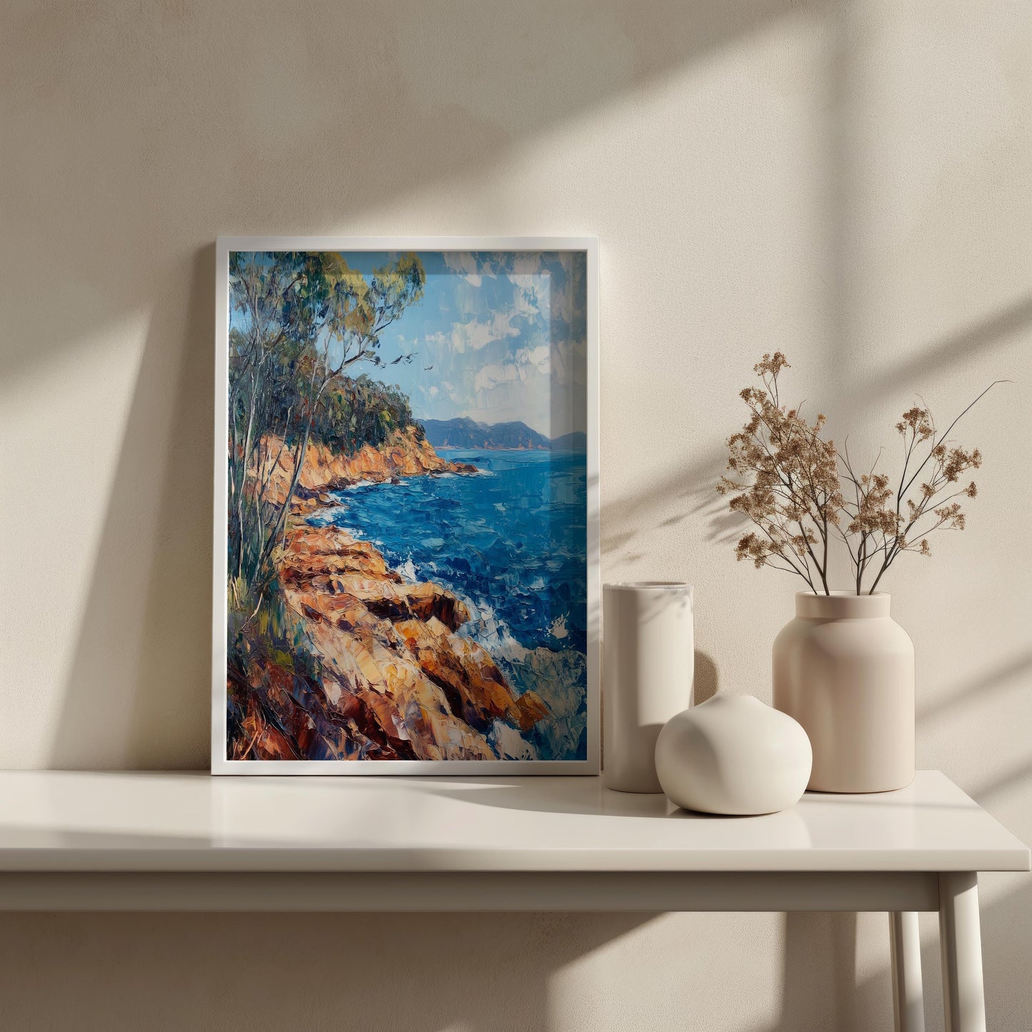 Rocky Seaside Canvas Print - Vibrant Ocean and Cliffs Landscape Art, Coastal Home Decor, Blue Sea Wall Art