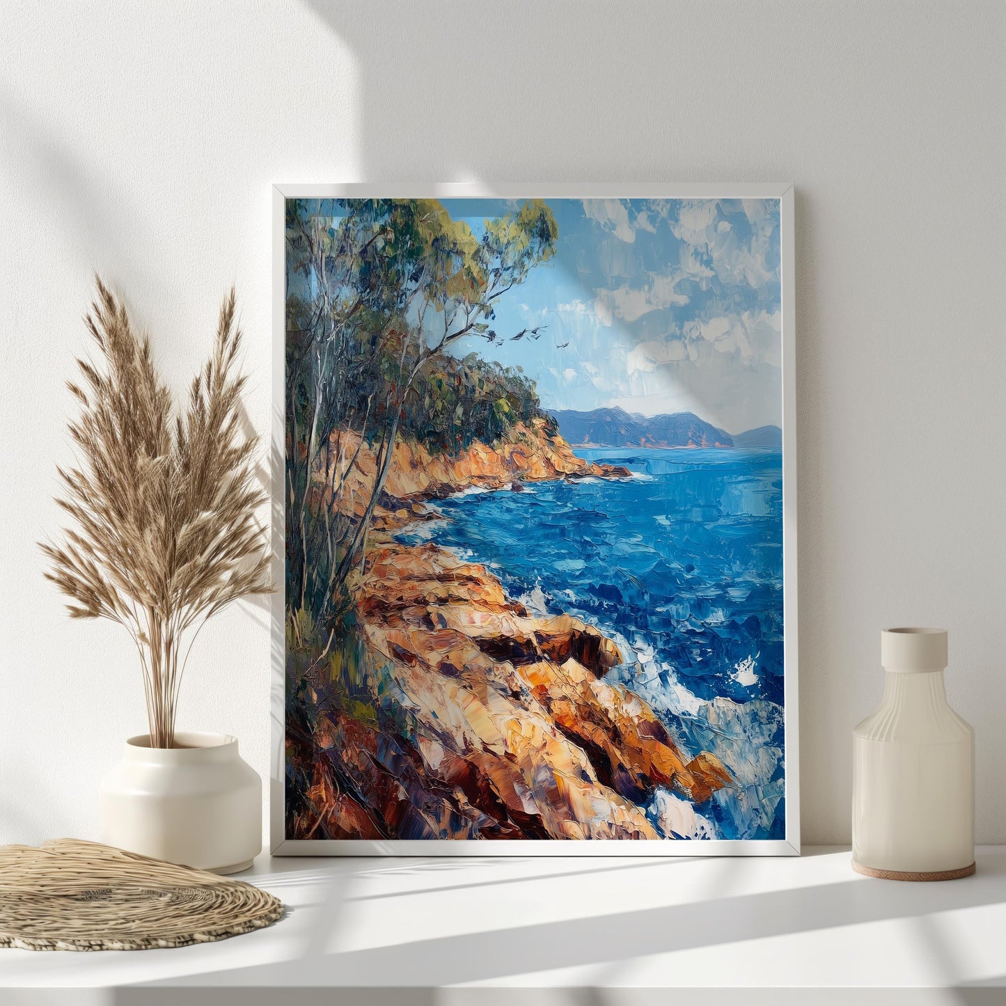 Rocky Seaside Canvas Print - Vibrant Ocean and Cliffs Landscape Art, Coastal Home Decor, Blue Sea Wall Art