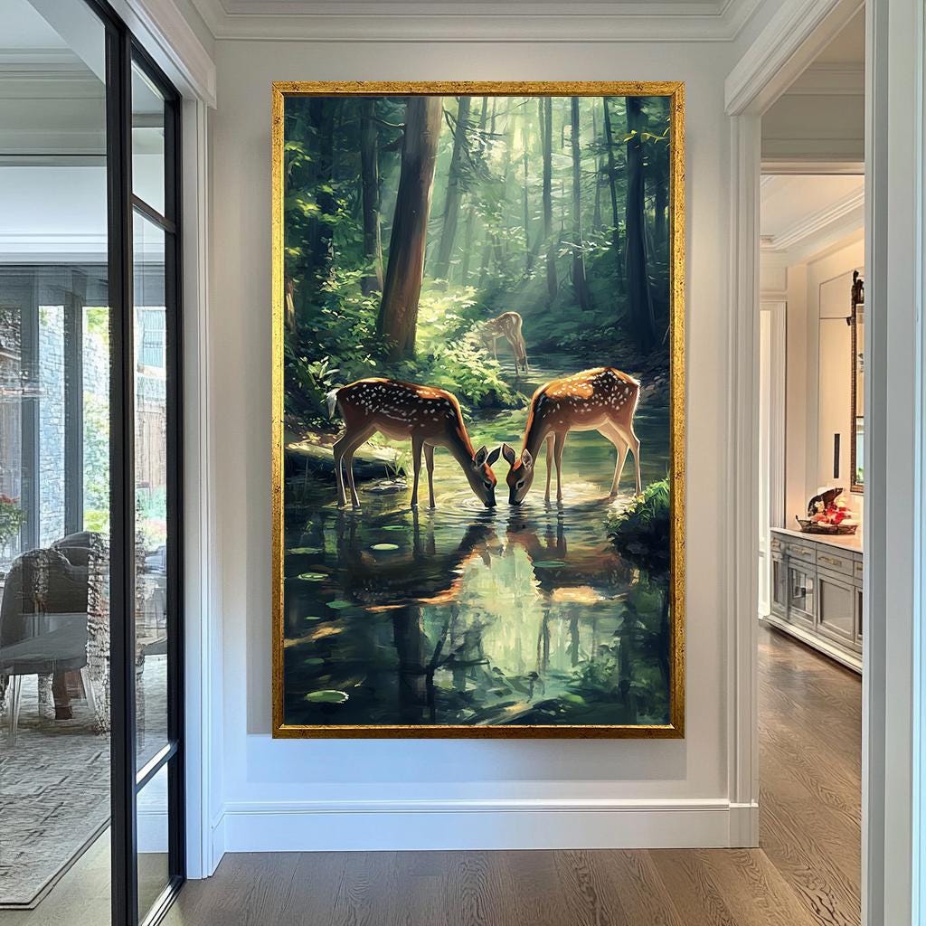 Serene Forest Scene with Graceful Deer by the Stream | Wildlife Nature Artwork for Tranquil Spaces