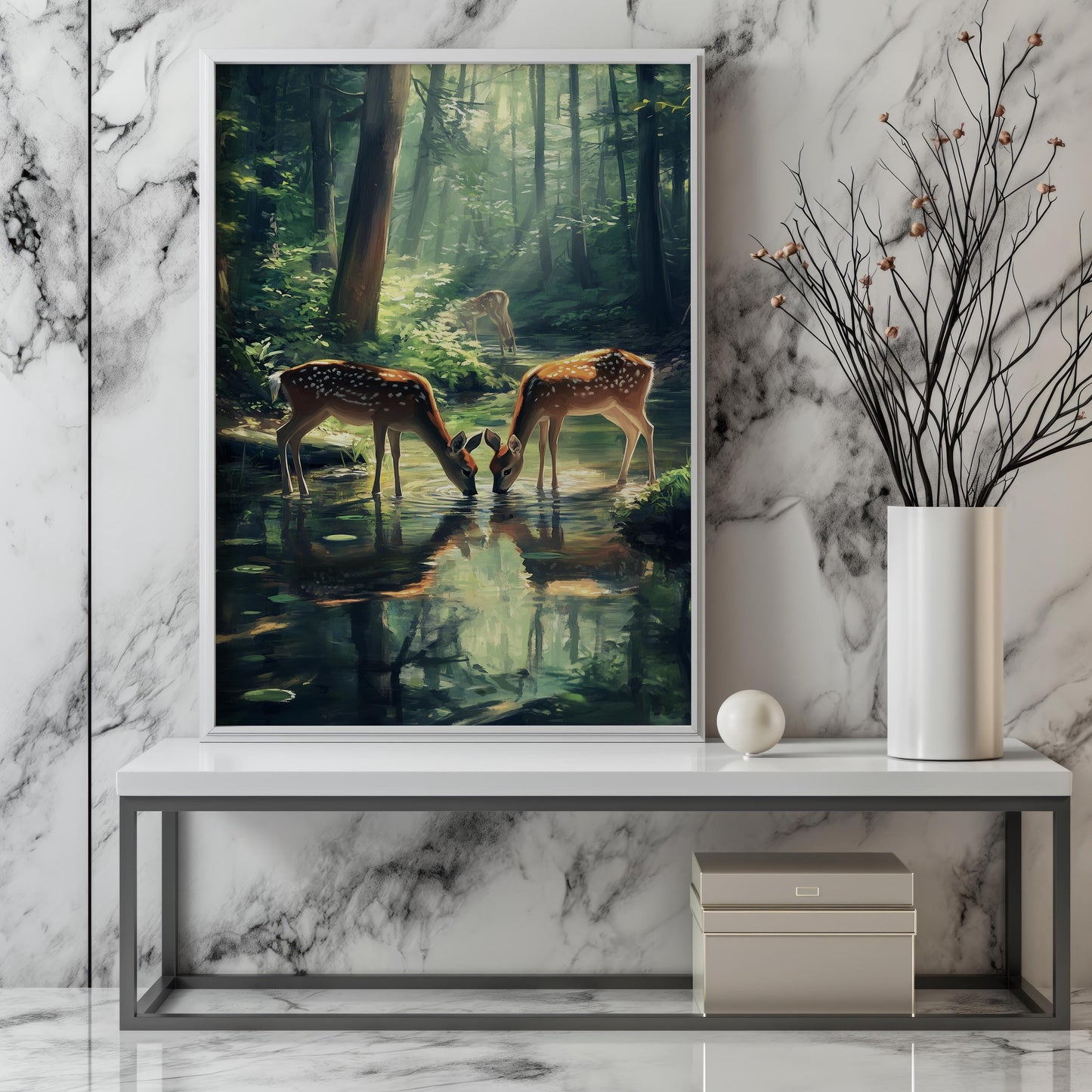 Serene Forest Scene with Graceful Deer by the Stream | Wildlife Nature Artwork for Tranquil Spaces