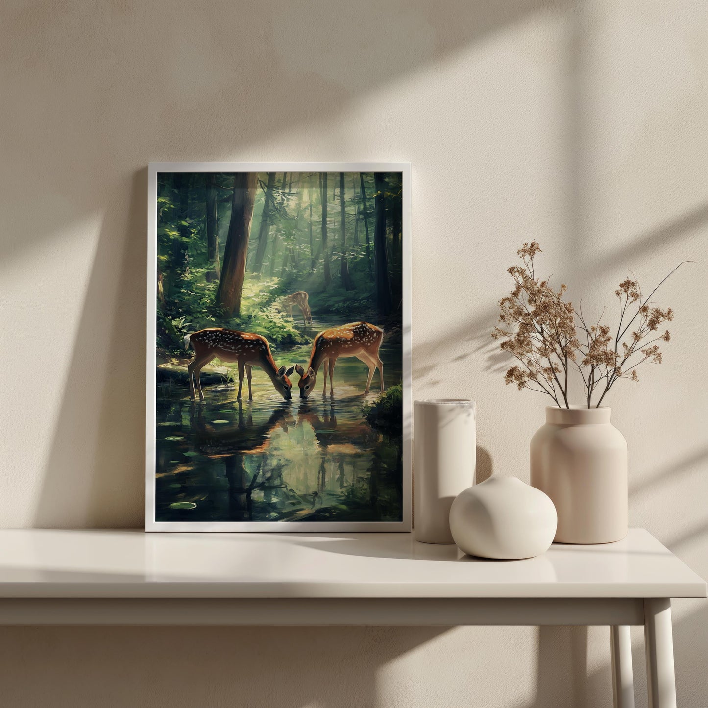 Serene Forest Scene with Graceful Deer by the Stream | Wildlife Nature Artwork for Tranquil Spaces