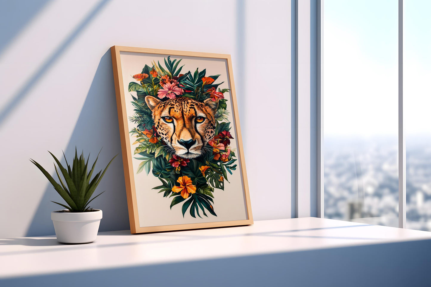 Vibrant Cheetah and Tropical Flowers Canvas Art - Exotic Wildlife and Floral Wall Decor, Bold Jungle-Themed Artwork for Home or Office