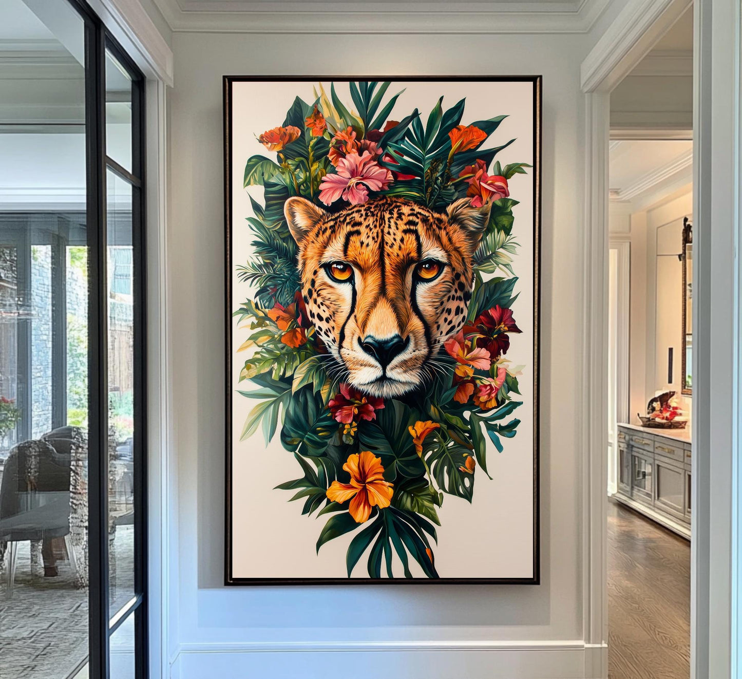 Vibrant Cheetah and Tropical Flowers Canvas Art - Exotic Wildlife and Floral Wall Decor, Bold Jungle-Themed Artwork for Home or Office